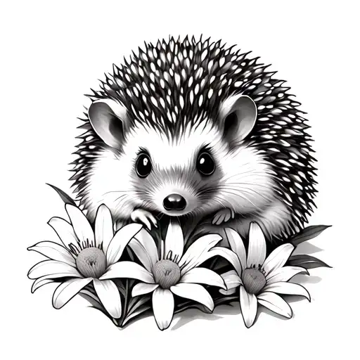 Little cute hedgehog around chamomile and lily tattoo design idea