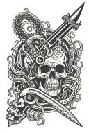 Dagger piercing through a skull surrounded by tentacles of a kraken tattoo design idea