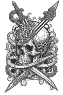 Dagger piercing through a skull surrounded by tentacles of a kraken tattoo design idea