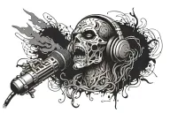 An evil face morphing into a microphone, with music notes and dark imagery intertwining throughout the design, representing the music producer's passion for darkness and music tattoo design idea