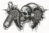 An evil face morphing into a microphone, with music notes and dark imagery intertwining throughout the design, representing the music producer's passion for darkness and music tattoo design idea