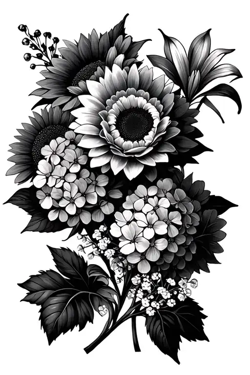 bouquet of flower: hydrangeas, sunflowers, baby's breath, Easter lilies tattoo design idea