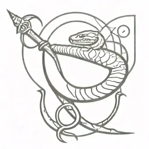 snake wrapped around a roman spear with a crescent moon hanging tattoo design idea
