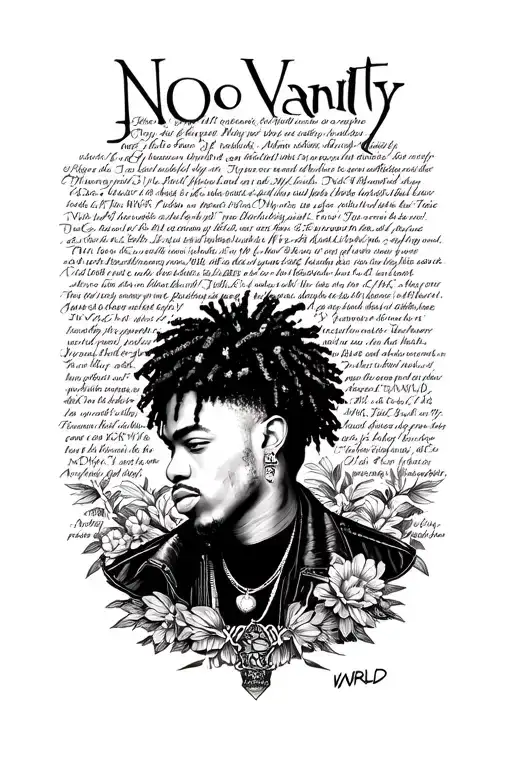 the words no vanity with a portrait of Juice WRLD surrounded by lyrics tattoo design idea