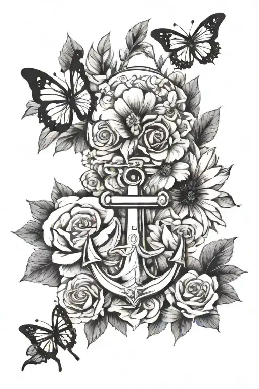 anchor, half bear face half flowers, mini butterfly tattoo design idea