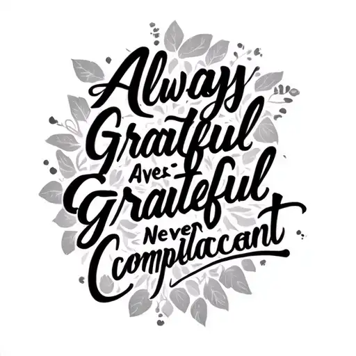 I want it to say on my left pec Always Grateful, Never Complacent in cursive  tattoo design idea