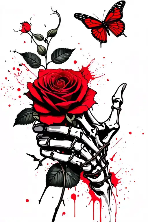 butterfly resting on rose, rose being held by skeleton hand, wrapped in barbed wire tattoo design idea