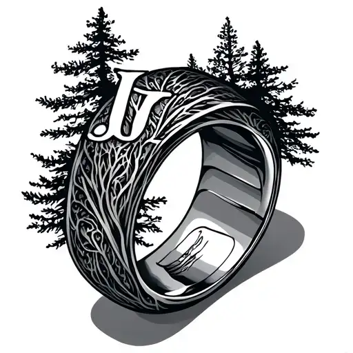 Wedding ring for a man. Very manly with trees and the letter J tattoo design idea