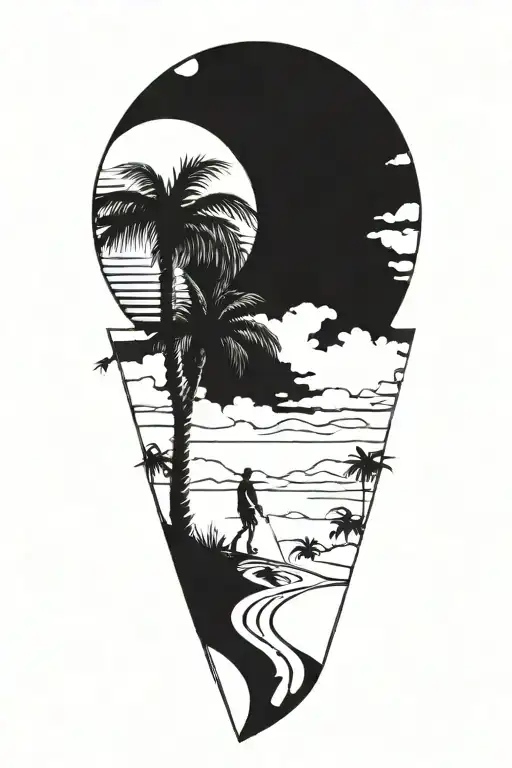 palm tree with moon phases and walking path winding with man walking tattoo design idea