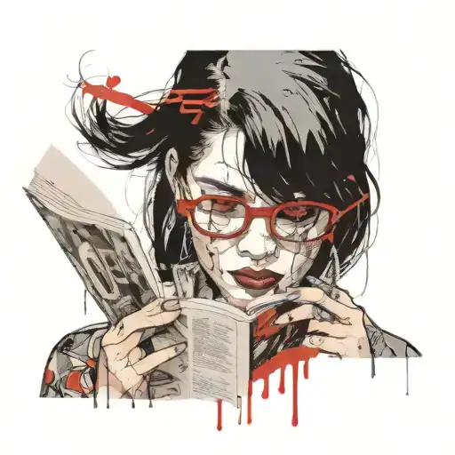 girl with long black hair and 00 gaged earrings and glasses reading book that covers face tattoo design idea