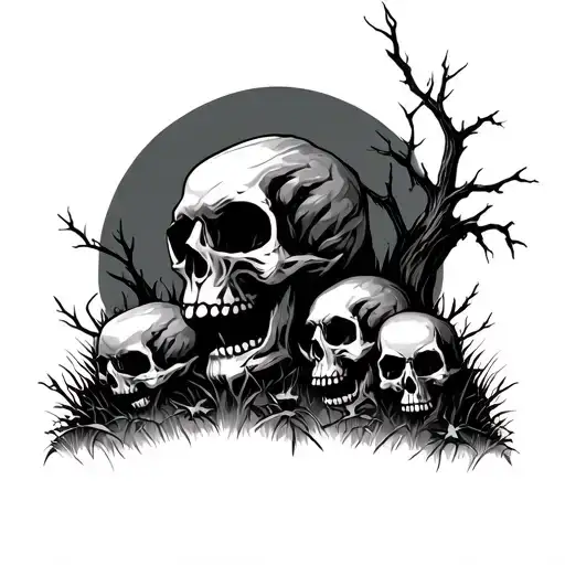 Skulls and graveyard with a dead tree tattoo design idea