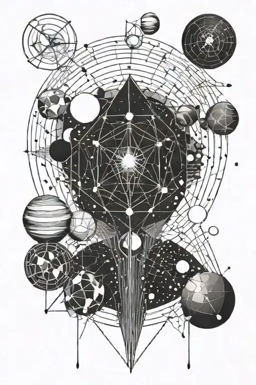 geometry with space, planets, pulsar in thin lines with small details and geometric shapes tattoo design idea