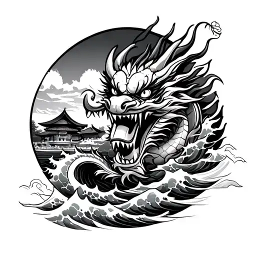 leg sleeve japanese dragon and oni mask surrounded by waves and a japanese village tattoo design idea