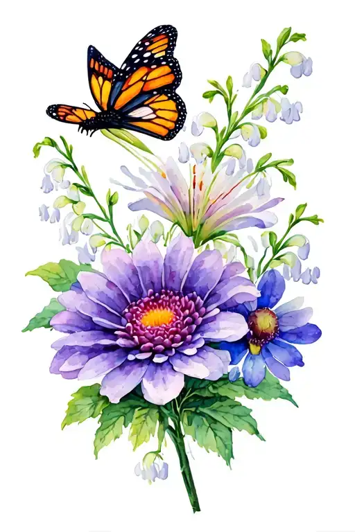 Chrysanthemum flower, lilly of the valley flower, violet flower, monarch butterfly tattoo design idea