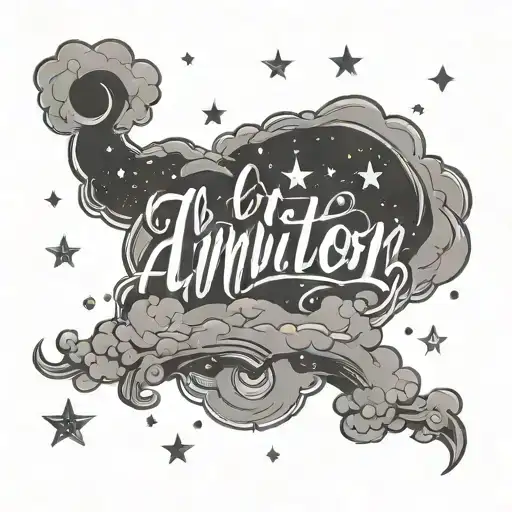 ambition lettering tattoo with clouds surrounding and stars tattoo design idea