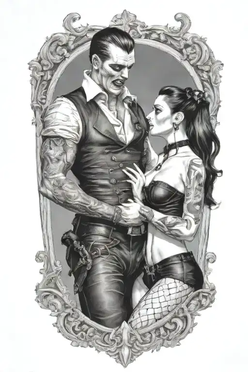 realistic scene of a gothic pinup girl waering corset and fishnets being bitten by a scary male vampire tattoo design idea