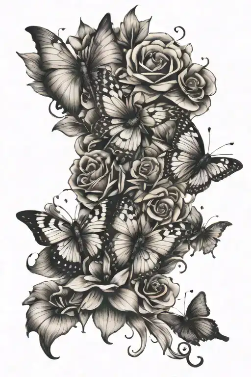 444 angle number flowers, and butter butterflies fluttering tattoo design idea