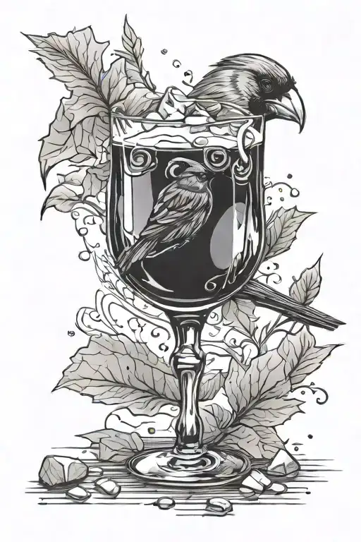 a manhattan drink on the rocks. place a cardinal with its feet perched on the rim of the glass  tattoo design idea