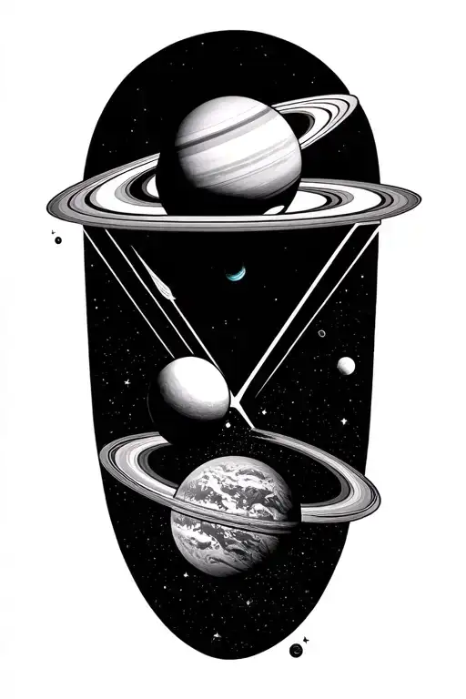 ominous solar system with saturn getting sucked inside of an upside down triangle  tattoo design idea