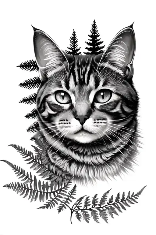 forearm tattoo, fern leaves, fir trees, forest, mountains, tabby cat face tattoo design idea