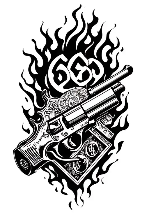 666 money gun fire tattoo design idea