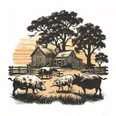 A detailed depiction of a farm landscape at sunset, with silhouettes of pigs, cows, and chickens roaming freely tattoo design idea