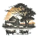 A detailed depiction of a farm landscape at sunset, with silhouettes of pigs, cows, and chickens roaming freely tattoo design idea