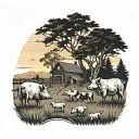 A detailed depiction of a farm landscape at sunset, with silhouettes of pigs, cows, and chickens roaming freely tattoo design idea
