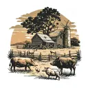 A detailed depiction of a farm landscape at sunset, with silhouettes of pigs, cows, and chickens roaming freely tattoo design idea