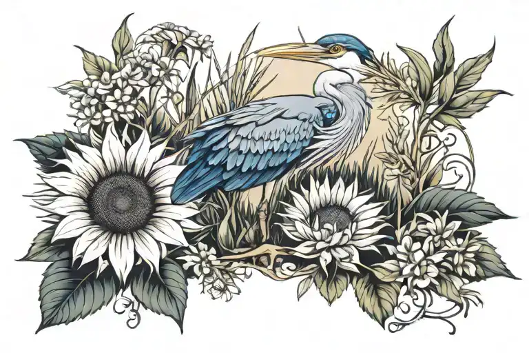 sunflowers and blue heron surrounded by grasses tattoo design idea