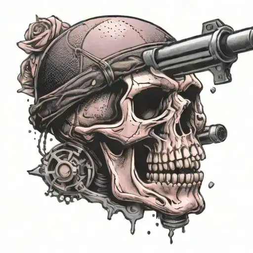 A pink skull wearing a heavy metal band t-shirt and holding a gun microphone tattoo design idea