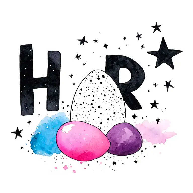 black speckled egg surrounded by pink and blue watercolor and white stars spelling out H R tattoo design idea