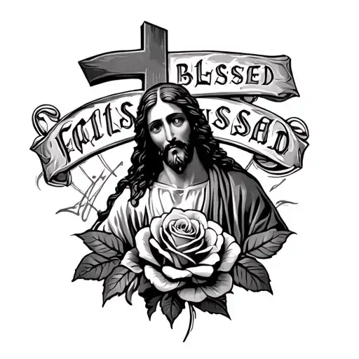 roses and jesus with a cross and blessed letters tattoo design idea