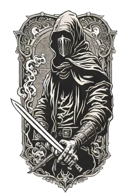 hooded repear silhouette holding sword, smoke, scary tattoo design idea