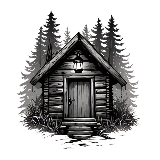 Wood Cabin with a lantern hanging by the door in the forest tattoo design idea