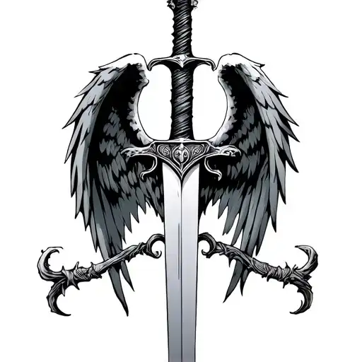 sword with angel and devil wings spread wide tattoo design idea