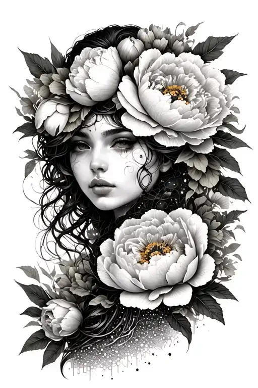 woman emerging from peonies, strength, resiliance, warrior tattoo design idea