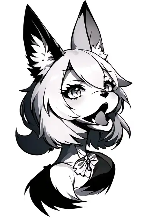 The image of the face with large breasts, fox ears, licks, wants to. tattoo design idea