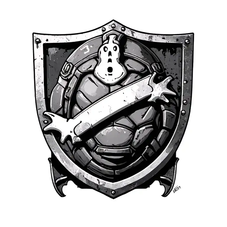 Tmnt Donatello but as a ghostbuster shield. black and grey. inspired by old shogun times tattoo design idea