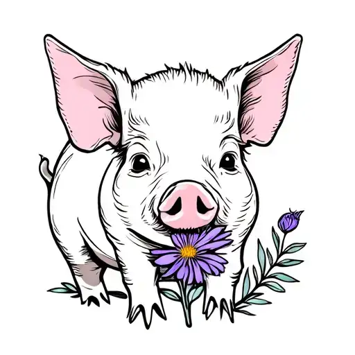 baby pig with purple aster flower  tattoo design idea