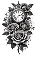   roses and clock with roman numeral to the time 11:40pm tattoo design idea