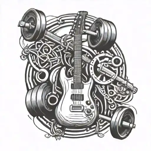 2 eletric guitars crossed and a barbell with weights making a letter A tattoo design idea