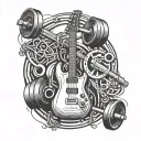 2 eletric guitars crossed and a barbell with weights making a letter A tattoo design idea