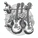 2 eletric guitars crossed and a barbell with weights making a letter A tattoo design idea