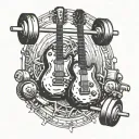 2 eletric guitars crossed and a barbell with weights making a letter A tattoo design idea