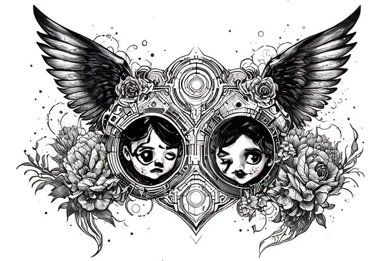 fine line art tattoo technology and IT enterprise architecture inspired, futuristic, married 14/02/2009, twins born 1608 tattoo design idea