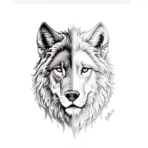 half of lion and half of wolf tattoo design idea