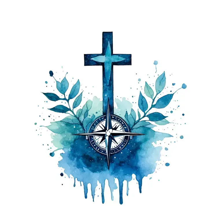 Cross with a compass in the center of it in color  tattoo design idea