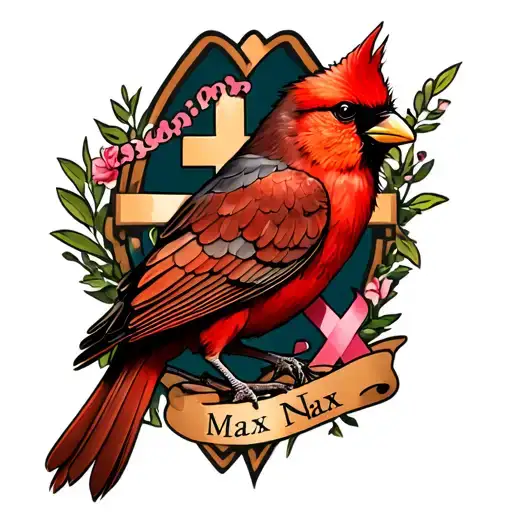red bird with a cross and cancer ribbon with name max tattoo design idea