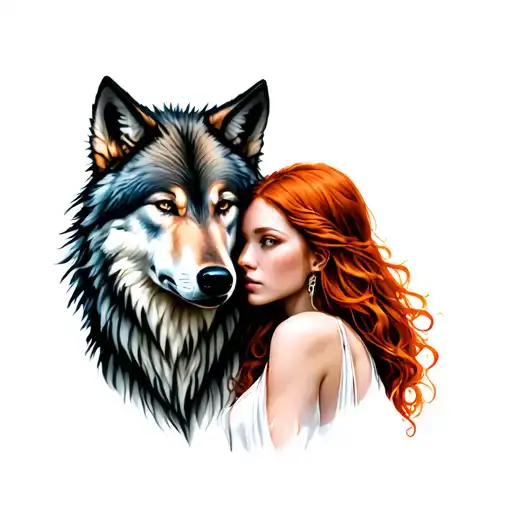 alpha wolf protecting red haired female in her late 20s tattoo design idea